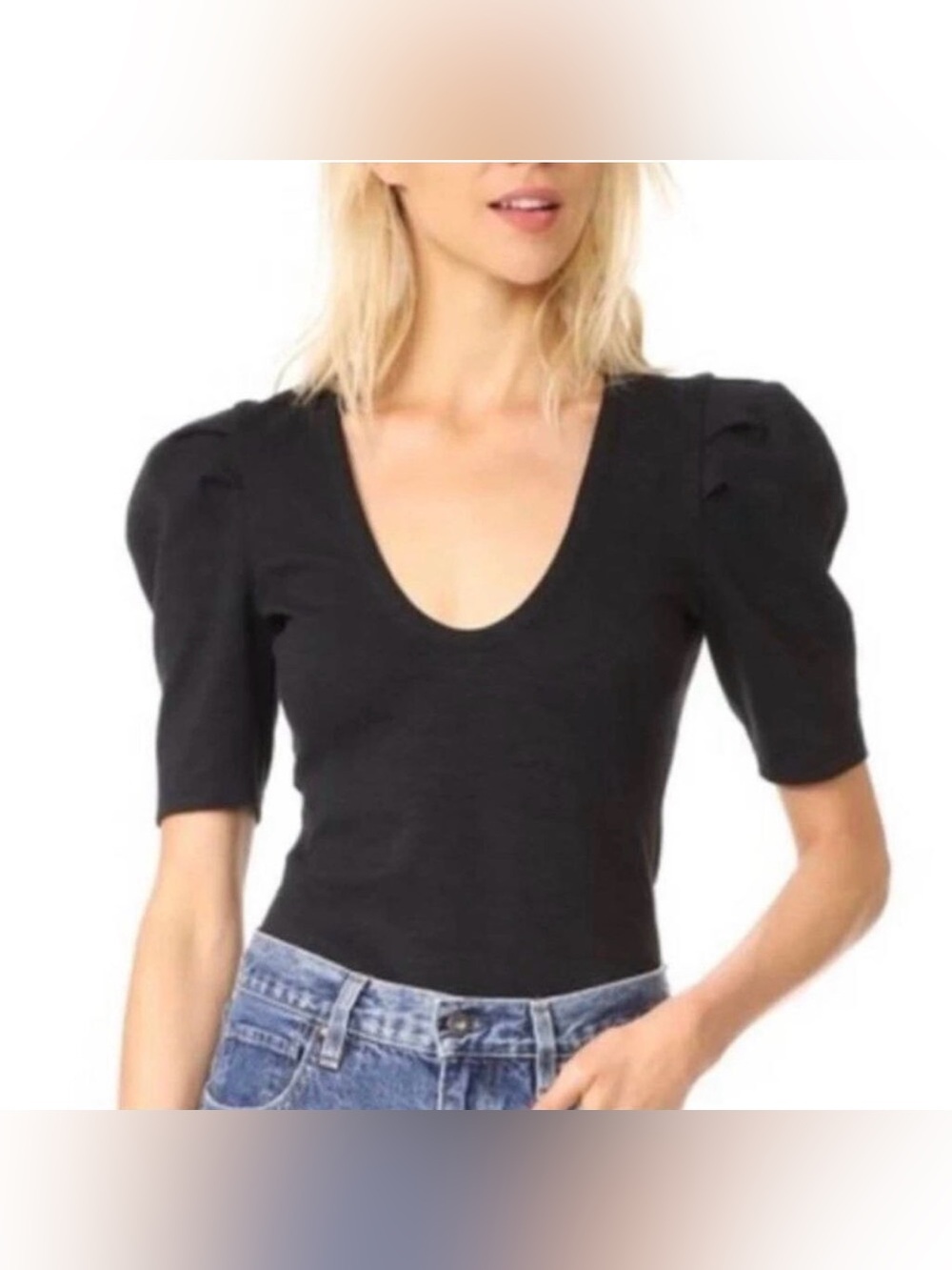 Free People Ellery Black Scoop Neck Puff Sleeve Tee, size L